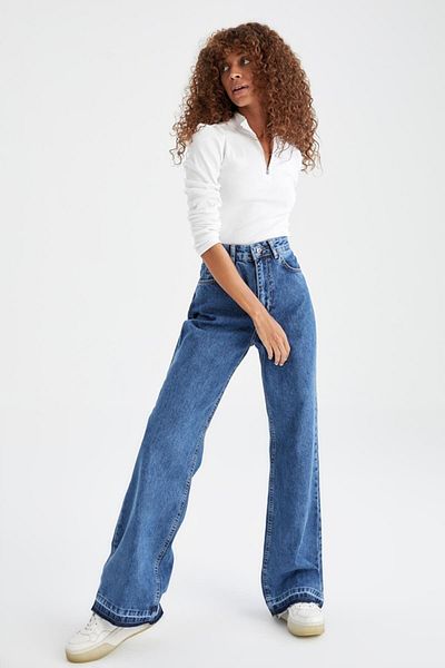 Trn JNS Blue Anii 90 Medium Blue Inchis Lycra Pantaloni Palazzo Loose Jeans cu talie super extra inalta