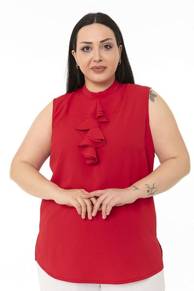 DISENTIS MODEST Red Plus Size Flounced Side Slit Buttonless Sleeveless Shirt