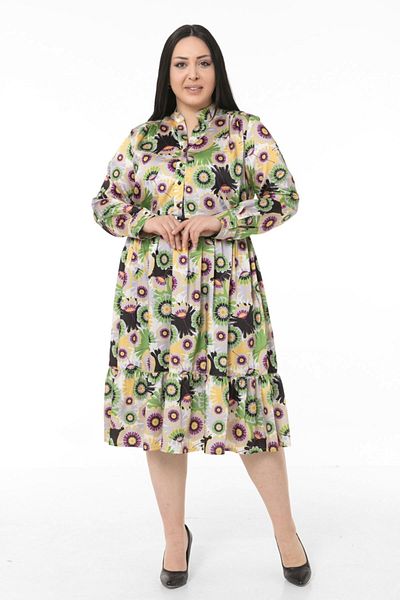 DISENTIS MODEST Plus Size Επικρατούν γιακά Πλευρά μέση Ελαστική ρόμπα βολάν σατέν πράσινο μίντι φόρεμα