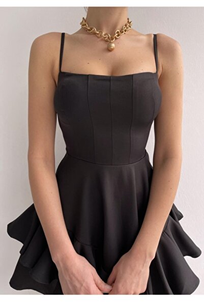 bayansepeti Detail sukně s nastavitelným tenkým páskem Černé šaty Černé zásnubní šaty 102