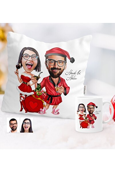 Bk Gift Kişiye Özel Yılbaşı Temalı Sevgililer Karikatürlü Yastık Kupa Seti - 5