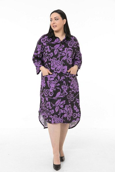 DISENTIS MODEST Motiv Floral Liliac - Decupaj Asimetric Guler Cămașă Rochie Marime Plus