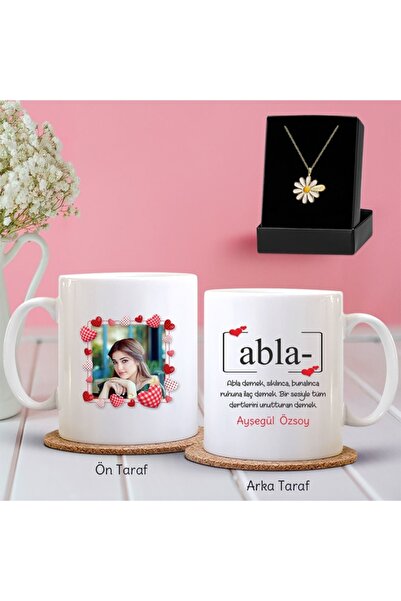 Bk Gift Kişiye Özel Fotoğraflı Kız Kardeş Tasarımlı Kupa Ve Papatya Kolye Hed...