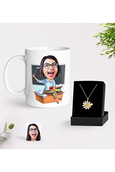 Bk Gift Kişiye Özel Bayan Öğretmen Karikatürlü Kupa Ve Papatya Kolye Hediye Seti-2