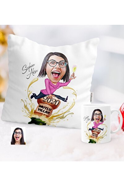 Bk Gift Kişiye Özel Yılbaşı Temalı Bayan Karikatürlü Yastık Kupa Seti - 6