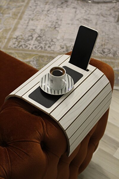 Leather Base Sofa Table with Phone Holder Armrest Coffee Table