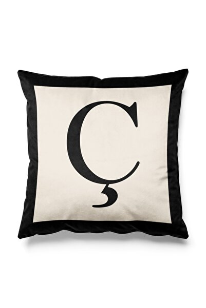 Pilloveland Ç Harf Figürlü Siyah Ve Bej Renkli Çift Tarafı Baskılı Kırlent Kılıfı