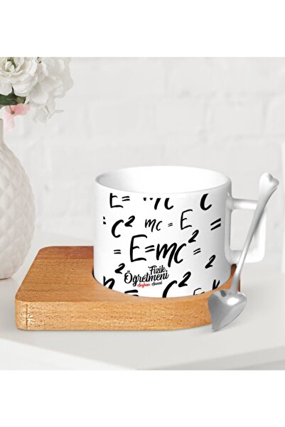 Bk Gift Kişiye Özel Fizik Öğretmeni Ahşap Altlıklı Seramik Fincan-3