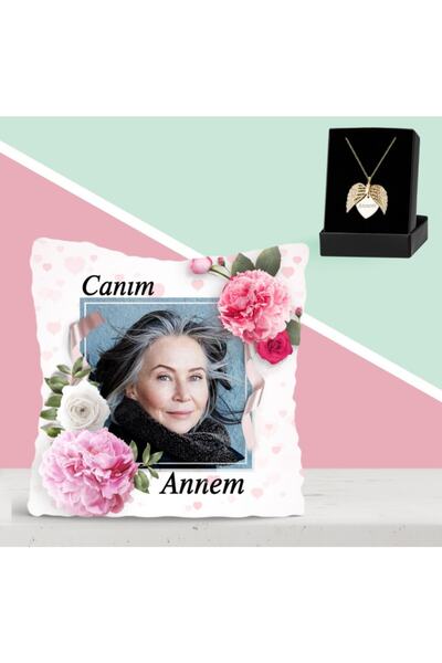 Bk Gift Kişiye Özel Fotoğraflı Canım Annem Tasarımlı Yastık Ve Melek Kolye Se...