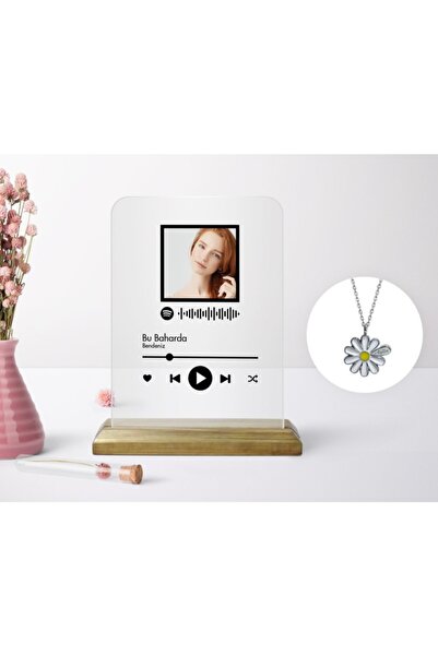 Bk Gift Kişiye Özel Fotoğraflı Spotify Barkodlu Plak Ve Silver Isimli Papatya Kolye Seti-2