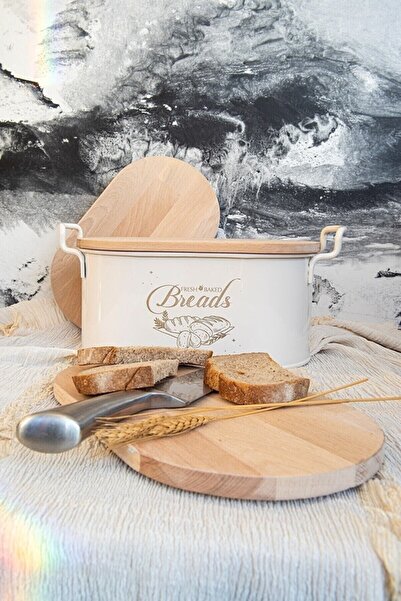 Hellomani Luxury Metal Bread Storage Box with Wrought Iron Bamboo Lid White