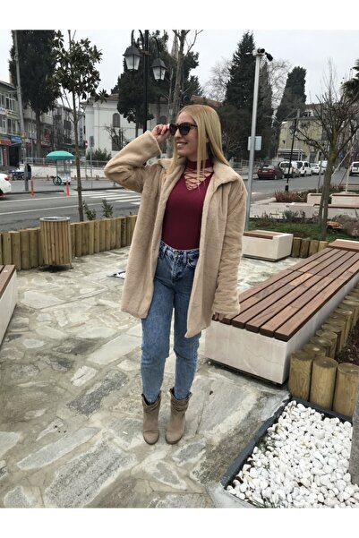 HaiModa Kadın Pelüş Mont Vizon Renk Leopar Astarlı