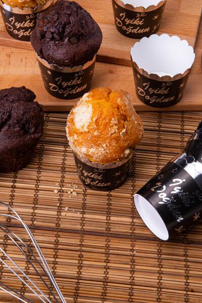 Huzur Party Store Silver Gilded Black 12-Piece Cake Mold with Happy Birthday Written in the Oven, 6.5x5 Cm Muffin Cupcake