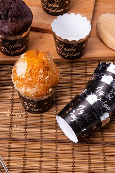 Huzur Party Store Silver Gilded Black 12-Piece Cake Mold with Happy Birthday Written in the Oven, 6.5x5 Cm Muffin Cupcake