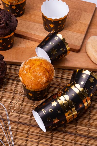 Huzur Party Store Gold Gilded Black 12-Piece Cake Mold Star Confetti Detailed 6.5x5 Cm Muffin That Does Not Disintegrate in the Oven