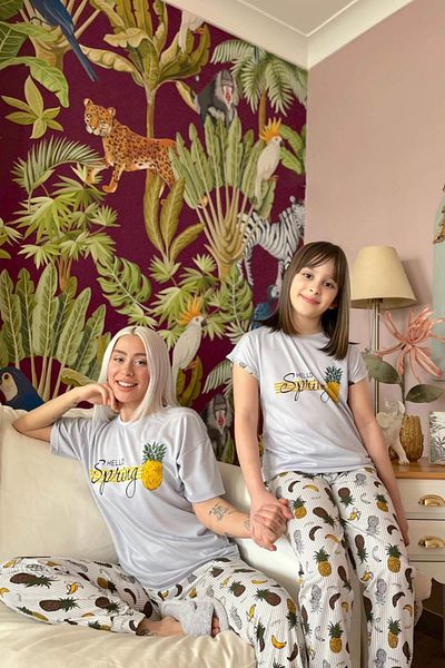 Pijamaevi Kurzarm-Mutter-Tochter-Kombi-Pyjama-Set mit Ananas-Aufdruck