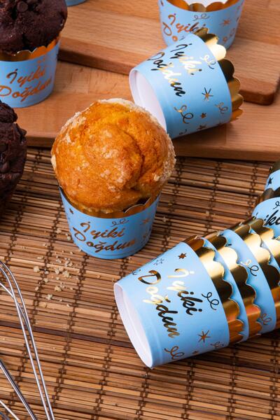 Huzur Party Store Gold Gilded Blue 12-Piece Cake Mold Happy Birthday Written 6.5x5 Cm Muffin Cupcake That Does Not Disintegrate in the Oven