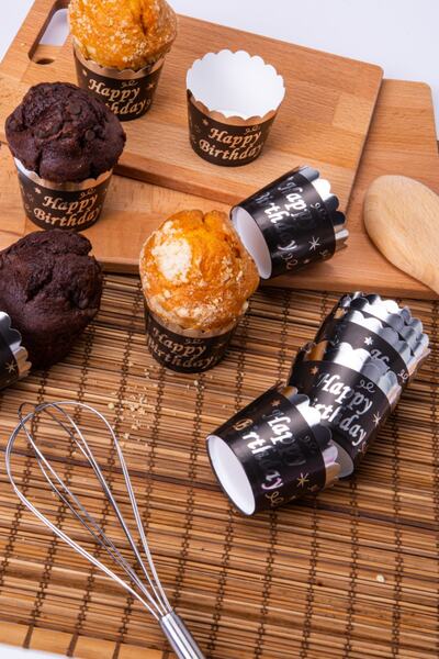 Huzur Party Store Silver Gilded Black 12-Piece Cake Mold Happy Birthday Written 6.5x5 Cm Muffin That Does Not Disintegrate in the Oven