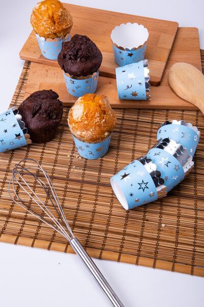 Huzur Party Store Silver Gilded Blue 12-Piece Cake Mold Star Confetti Detailed 6.5x5 Cm Muffin That Does Not Disintegrate in the Oven