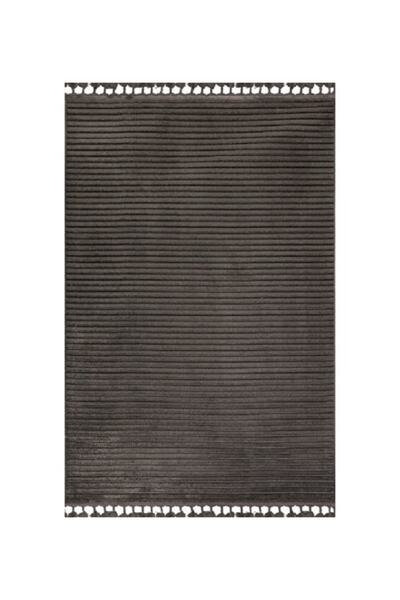 GÜMÜŞSUYU Deco Alvin 12612 Yeni Yüksek Kalite Modern Kabartmalı Örgü Saçaklı Antrasit Salon Halısı