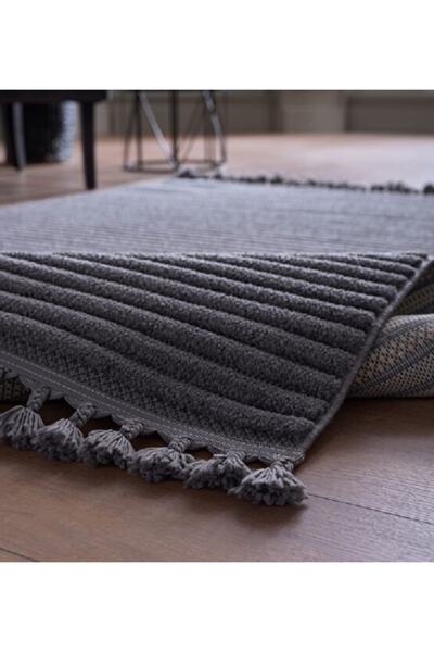 GÜMÜŞSUYU Deco Alvin 12612 Yeni Yüksek Kalite Modern Kabartmalı Örgü Saçaklı Antrasit Salon Halısı