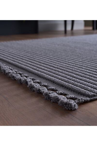 GÜMÜŞSUYU Deco Alvin 12612 Yeni Yüksek Kalite Modern Kabartmalı Örgü Saçaklı Antrasit Salon Halısı