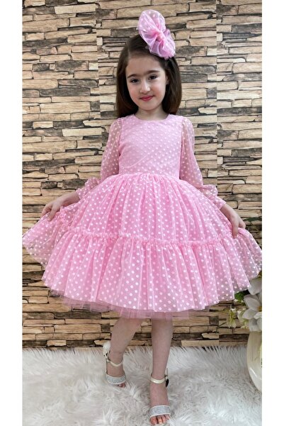 Kız Çocuk Dantelli Pembe Renk Katkat Prenses Elbise