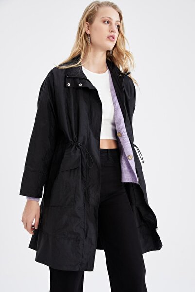 DeFacto Standard Fit Polo Neck Zippered Slim Seasonal Long Raincoat