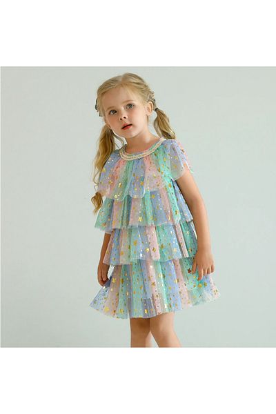 Petityu Tutu Shiny Starry Colorful Girls' Cool Floor Dress - Birthday Dress