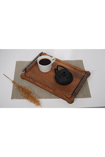 kozawoodart Ceviz Doğal Ahşap Zamak Kulplu Dikdörtgen Tepsi 40cm