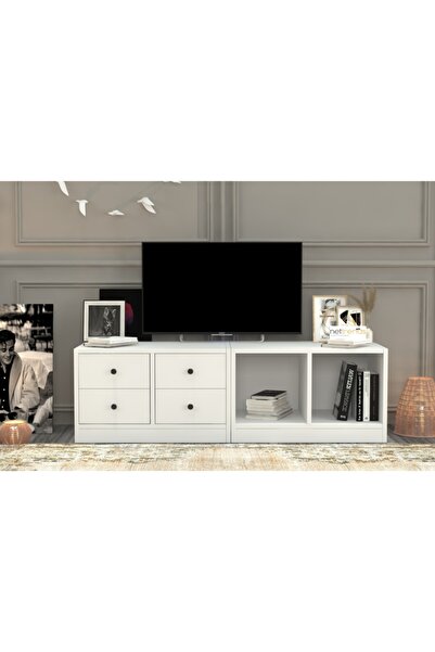 Nettrends Kitaplikli Çekmeceli Tv Ünitesi Beyaz 130 Cm Tvt-1003-ç