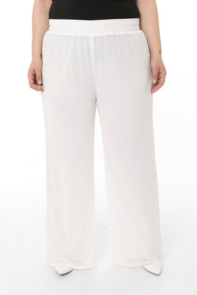 DISENTIS MODEST Large Size Elastic Waist Lined Wide Leg Chiffon White Pants