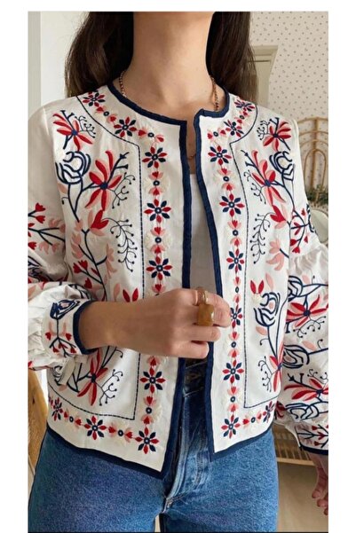 Genel Markalar Kadın Beyaz Komple Nakış İşlemeli Etnik Vintage Ceket