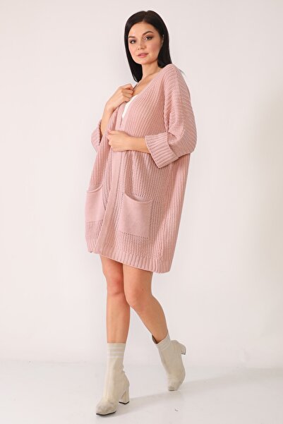 Devinka Cardigan de damă, roz, model supradimensionat, tricotaj cu buzunar lung