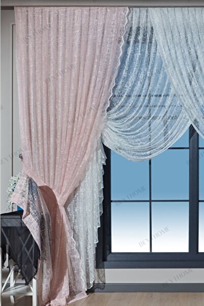 Beythome Toz Pembe Mozaik Bağcıklı Tül Fon Perde 2 Kanat