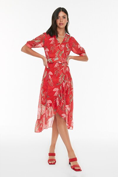 Trendyol Collection Gránátalma virág duplasoros gallér mintás korcsolyázó/övnyitó Midi bélelt szőtt ruha TWOSS21EL2141