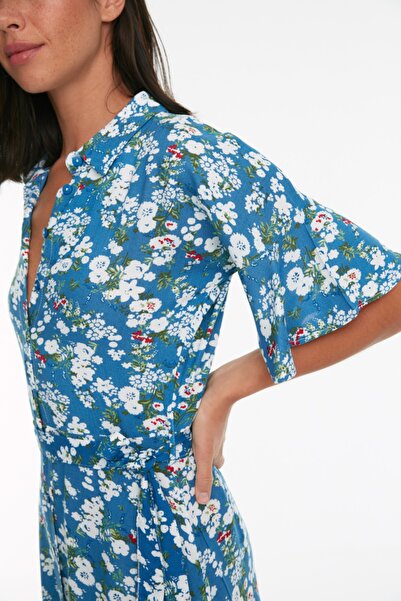 Trendyol Collection Sötétkék öves virágmintás Maxi Viscose szőtt ingruha TWOSS19EL0094