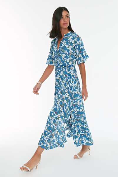 Trendyol Collection Sötétkék öves virágmintás Maxi Viscose szőtt ingruha TWOSS19EL0094
