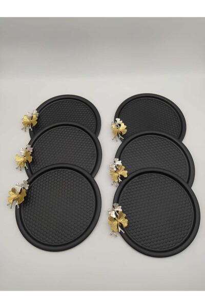 Mira züccaciye 6'lı Kelebekli Yuvarlak, Desenli Siyah Sunum , Dekoratif Servis Tepsisi, Çay, Pasta Kahve 23 Cm