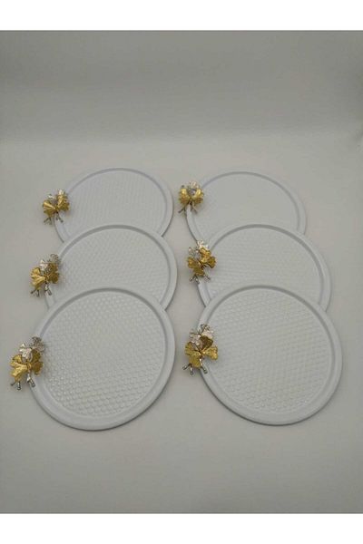 Mira züccaciye 6-Piece Butterfly Round, Patterned White Presentation, Decorative Serving Tray, Tea, Cake, Coffee 23 Cm