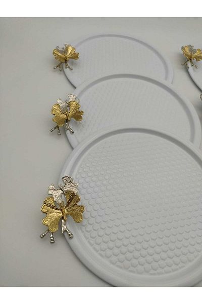 Mira züccaciye 6-Piece Butterfly Round, Patterned White Presentation, Decorative Serving Tray, Tea, Cake, Coffee 23 Cm