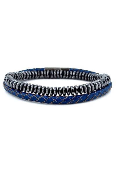 Solfera Navy Blue Leather Anthracite Hematite Natural Stone Men's Bracelet J0187