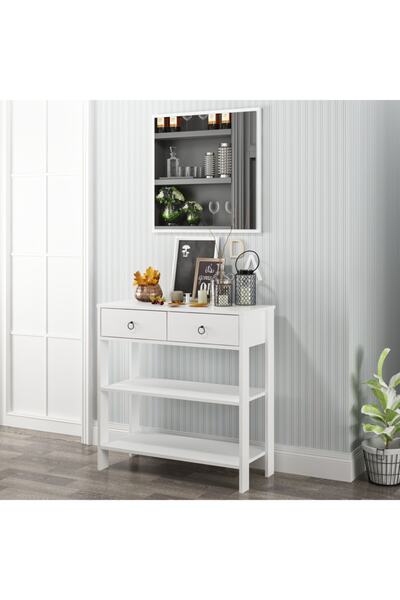DEKOROSSO Luke Modern Dekoratif Aynalı 2 Çekmeceli 2 Raflı Dresuar Beyaz