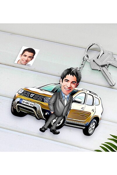 Bk Gift Kişiye Özel Erkek Dacia Duster Figürlü Plakalı Ahşap Karikatür Anahta...