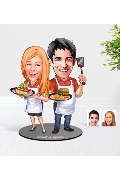 Bk Gift Kişiye Özel Aşçı Çift Karikatürlü Ahşap Biblo Model