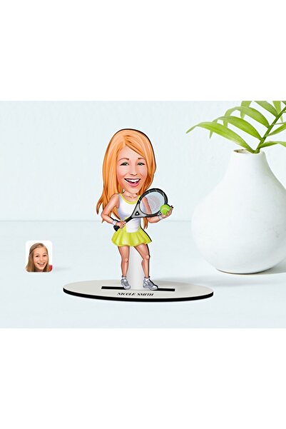 Bk Gift Kişiye Özel Kadın Tenis Oyuncusu Karikatürlü Ahşap Biblo Model-2