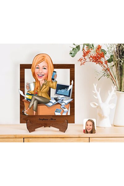 Bk Gift Kişiye Özel Kadın Muhasebeci Karikatürlü Ahşap Standlı 3d Biblo-1