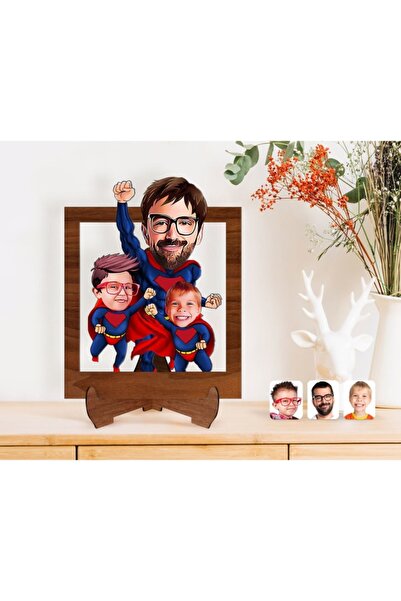 Bk Gift Kişiye Özel Süper Baba Ve 2 Çocuk Karikatürlü Ahşap Standlı 3d Biblo-1