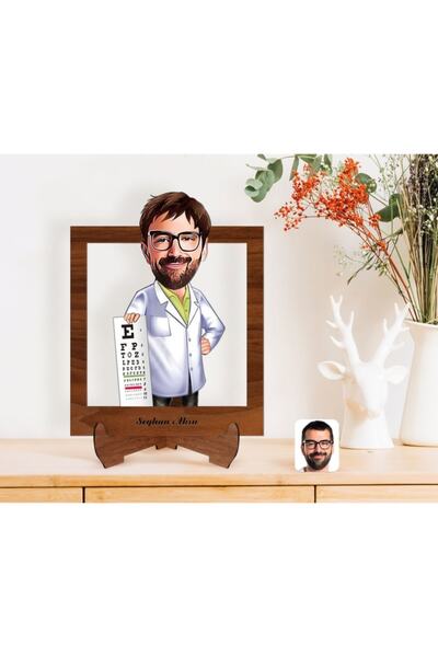 Bk Gift Kişiye Özel Erkek Göz Doktoru Karikatürlü Ahşap Standlı 3d Biblo-1