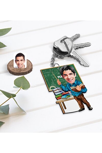Bk Gift Kişiye Özel Erkek Matematik Öğretmeni Karikatürlü Ahşap Anahtarlık-1